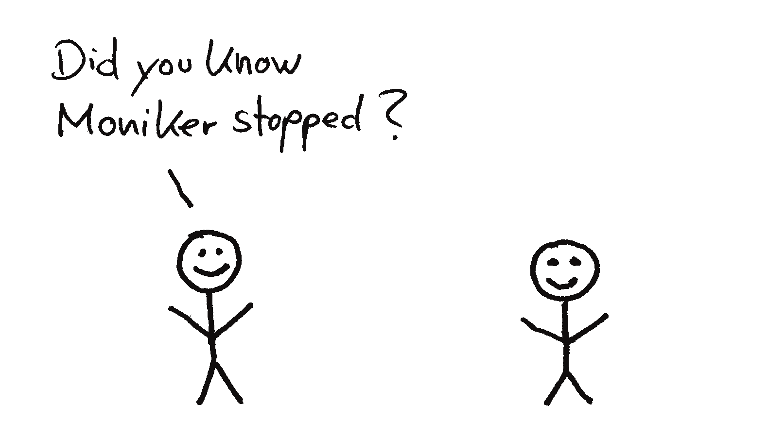 An animation of two stick figures talking about how former Studio Moniker now wants to embrace friction.